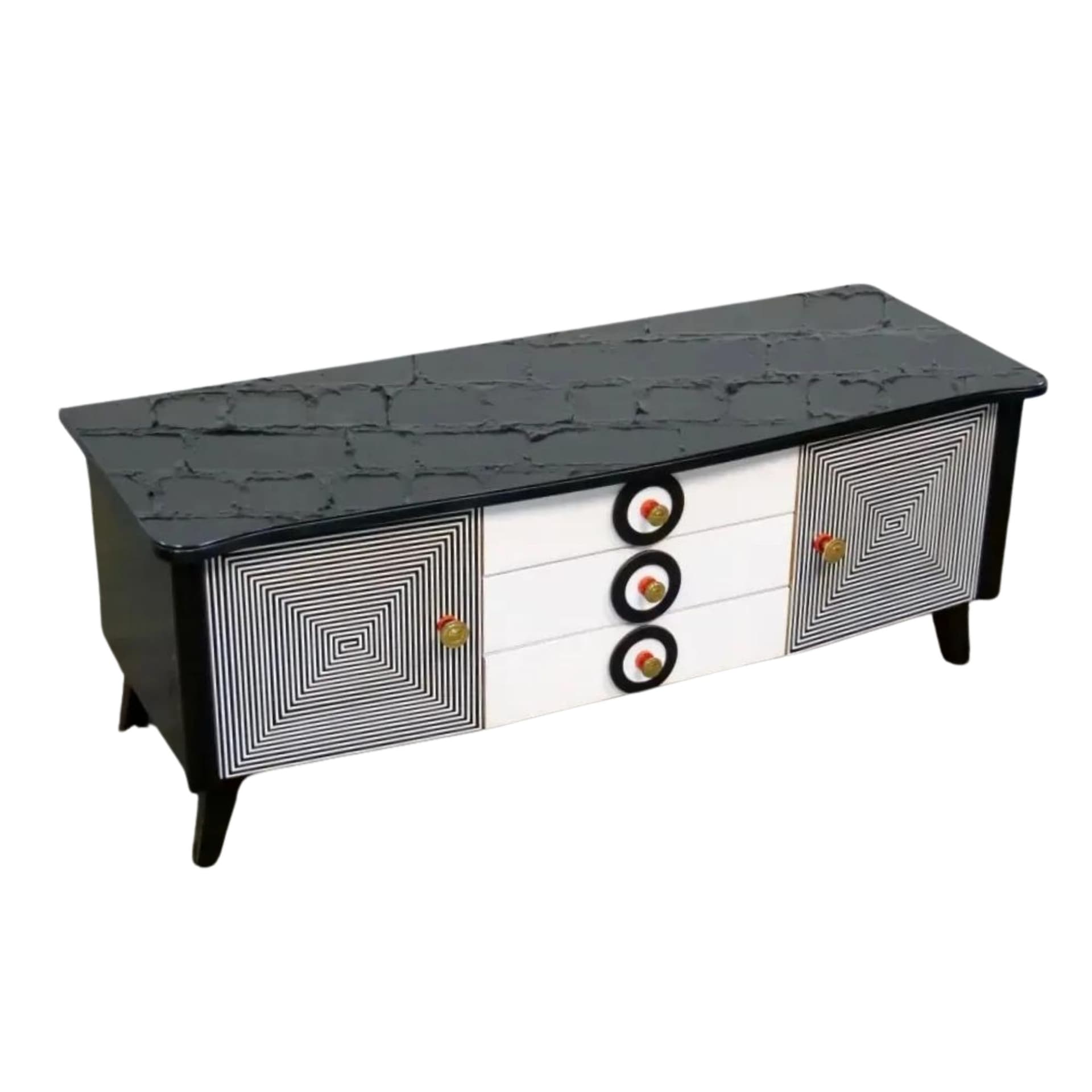 Komoda modernistyczna, czarny biały, drewno szkło, Polska, lata 60.