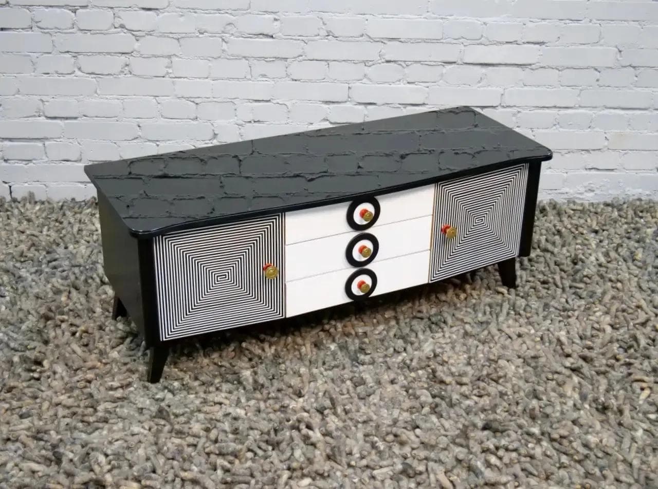 Komoda modernistyczna, czarny biały, drewno szkło, Polska, lata 60. - 19270