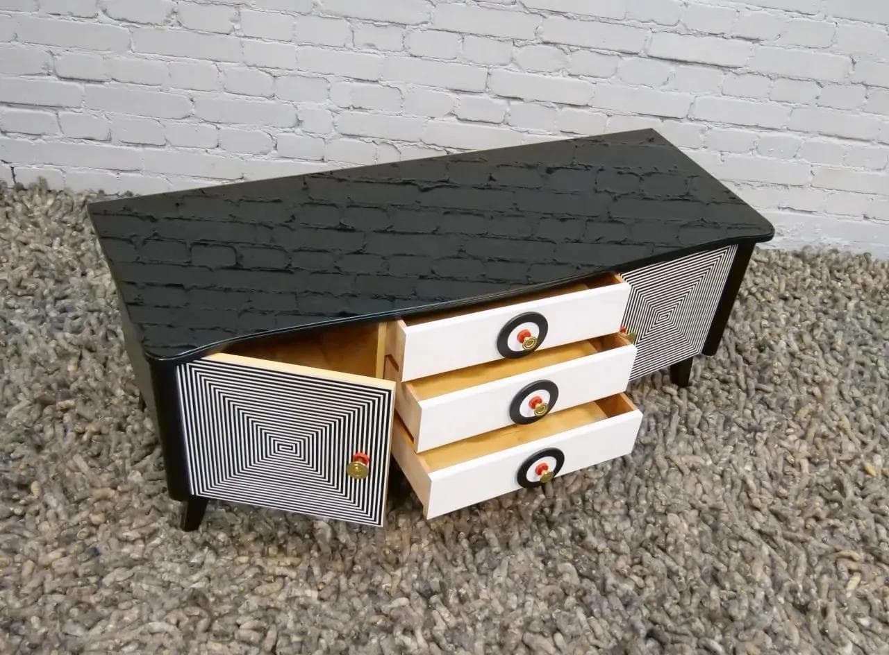 Komoda modernistyczna, czarny biały, drewno szkło, Polska, lata 60. - 19272