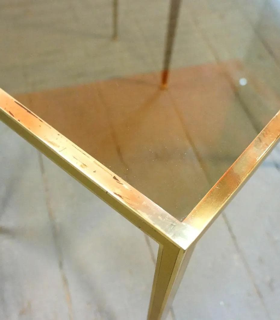 Komplet trzech stolików, mosiądz złocisty, szkło przezroczyste, Vereinigte Werkstätten, Niemcy, lata 60. - 19264