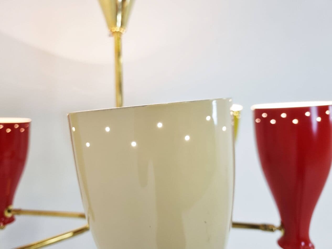 Żyrandol mid-century, klosze multikolor, włókno szklane, mosiądz, Francja, lata 50. - 270156