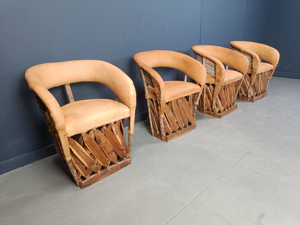 zestaw sześciu krzeseł jadalnianych Equipale, beżowy, skóra naturalna, drewno, Meksyk, lata 70. - 269618