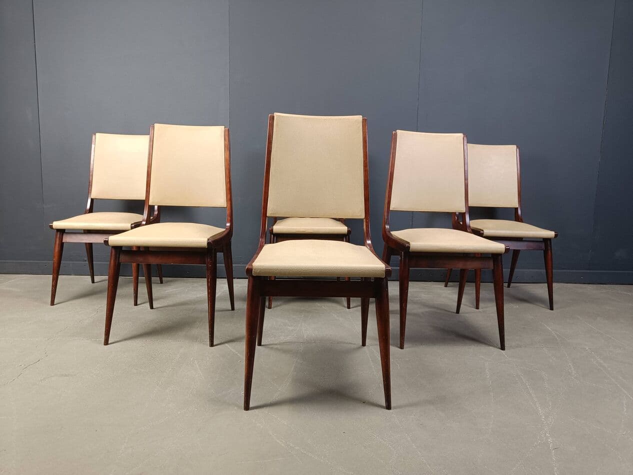 zestaw sześciu krzeseł jadalnianych, mid-century modern, drewno, Włochy, lata 50. - 269607