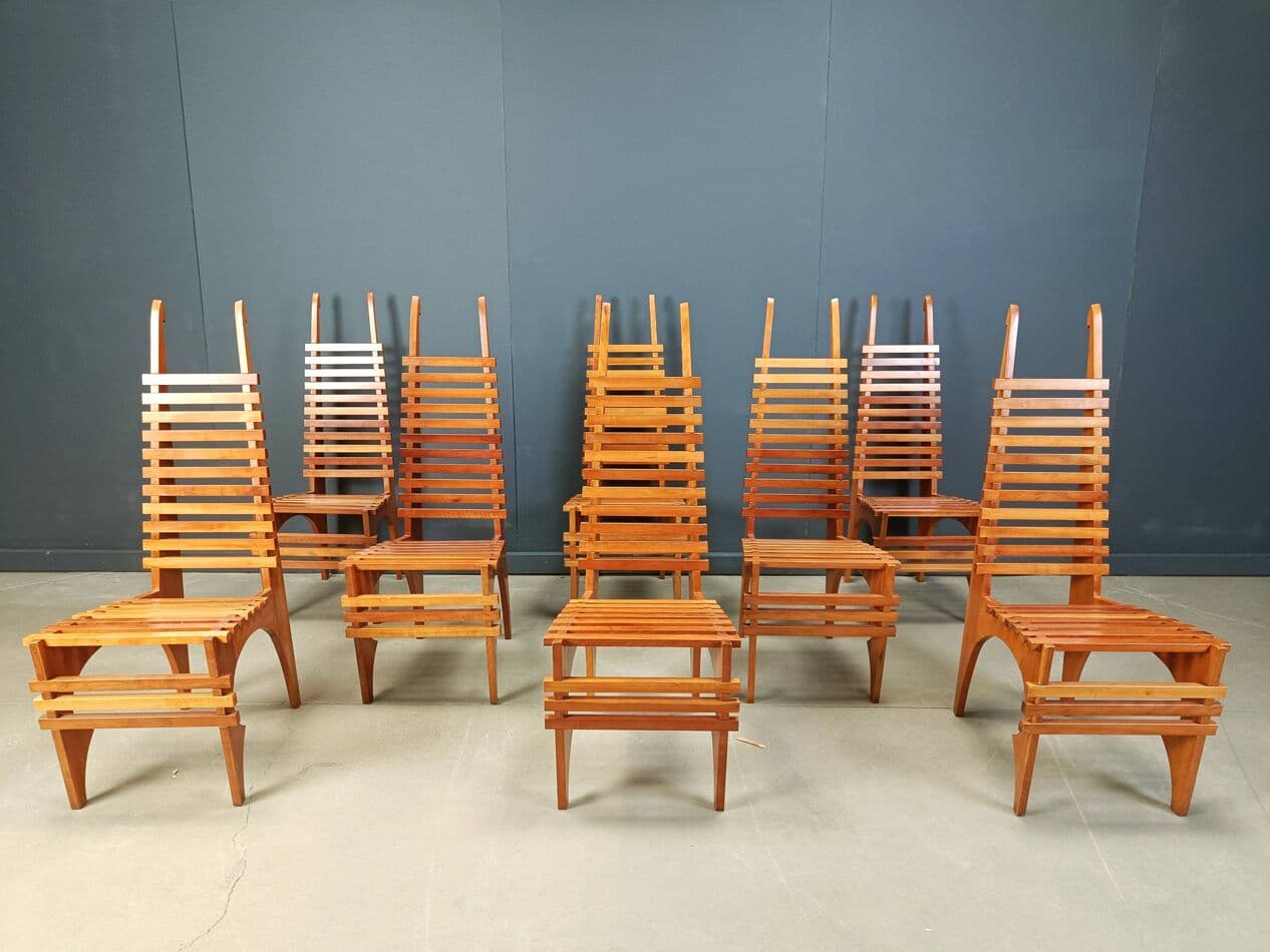 zestaw ośmiu krzeseł do jadalni Calcar, brązowy, drewno, proj. B. Lange, Belgia, lata 90. - 273991