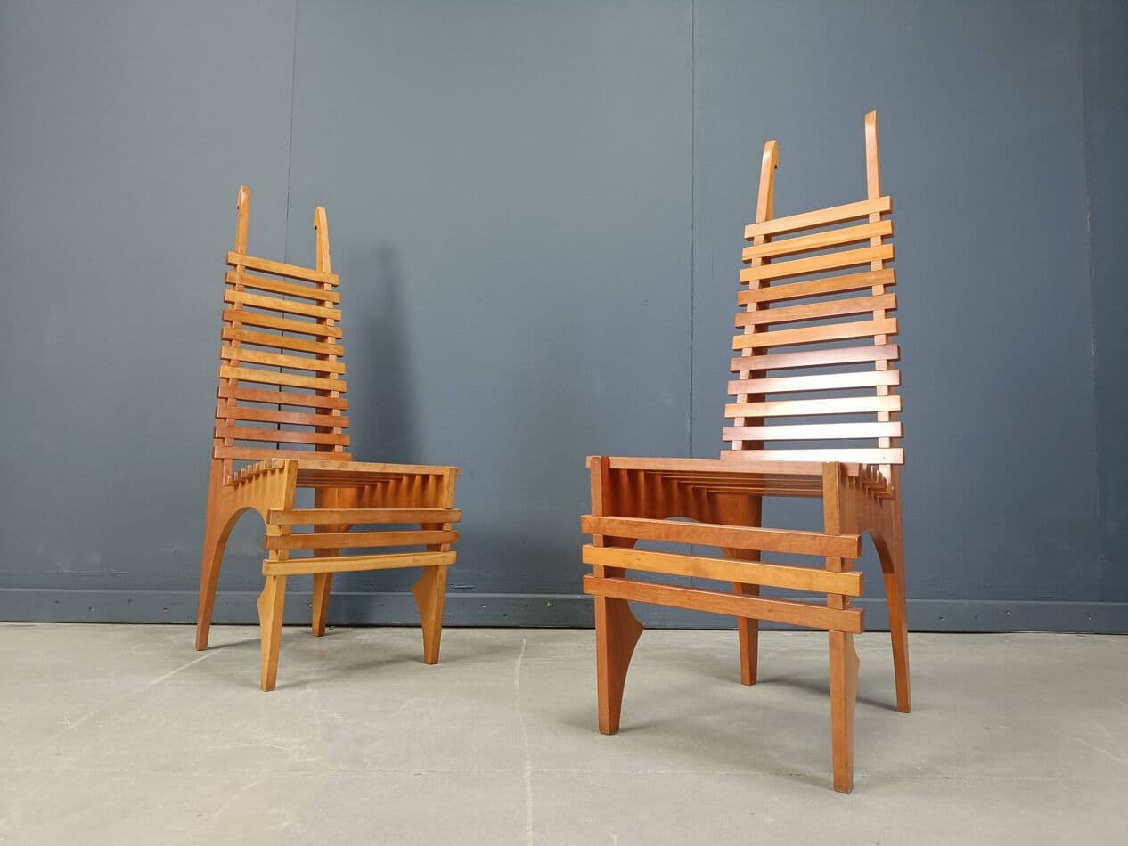 zestaw ośmiu krzeseł do jadalni Calcar, brązowy, drewno, proj. B. Lange, Belgia, lata 90. - 273996