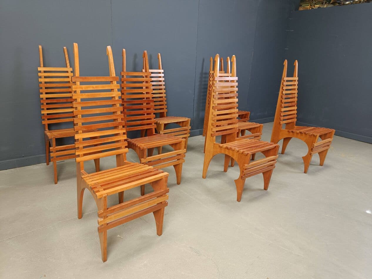 zestaw ośmiu krzeseł do jadalni Calcar, brązowy, drewno, proj. B. Lange, Belgia, lata 90. - 274000