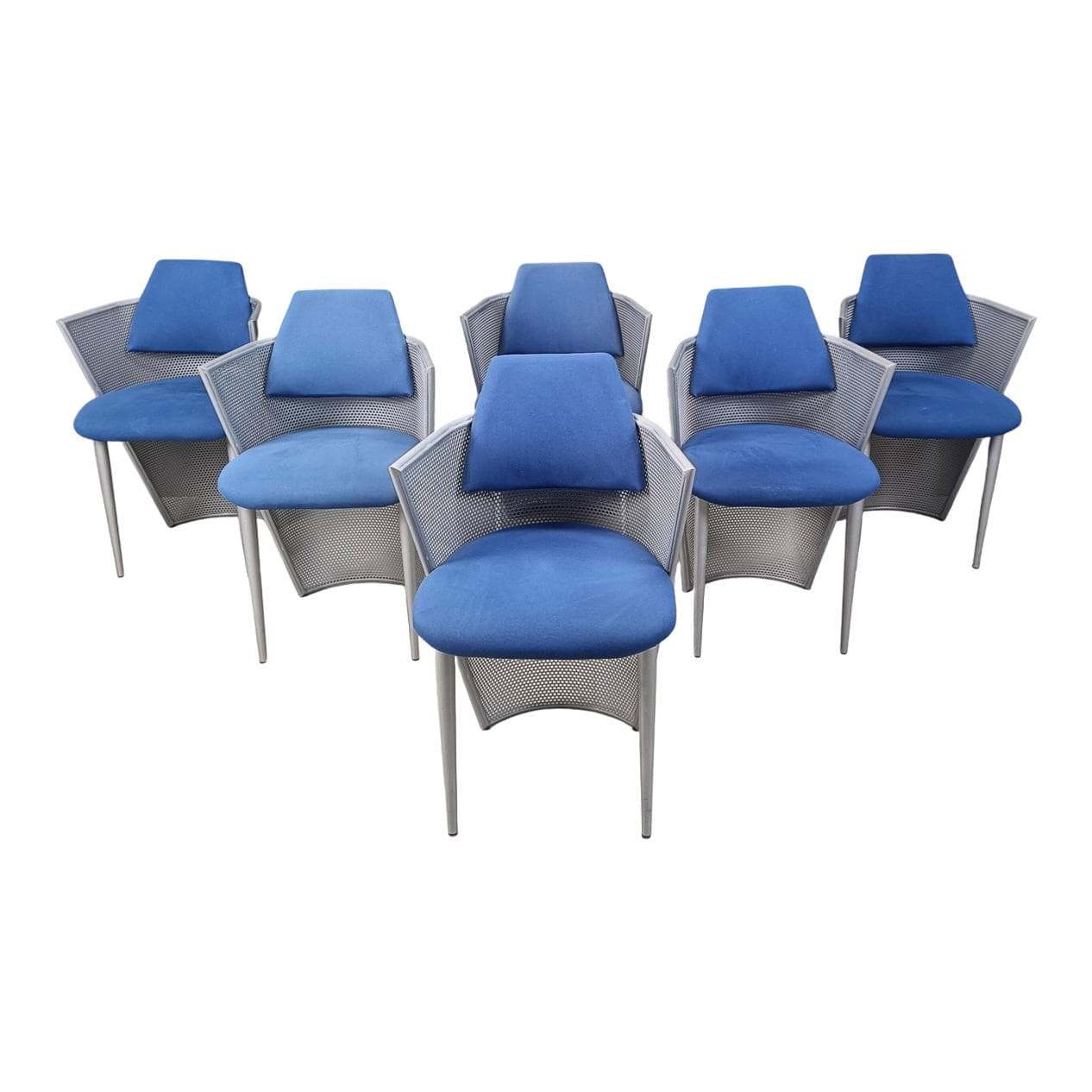 Komplet sześciu krzeseł jadalnianych postmodernistycznych, tkanina niebieska, metal, Belgia, lata 80.