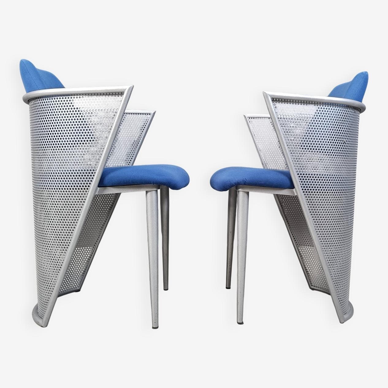 Komplet sześciu krzeseł jadalnianych postmodernistycznych, tkanina niebieska, metal, Belgia, lata 80. - 269497