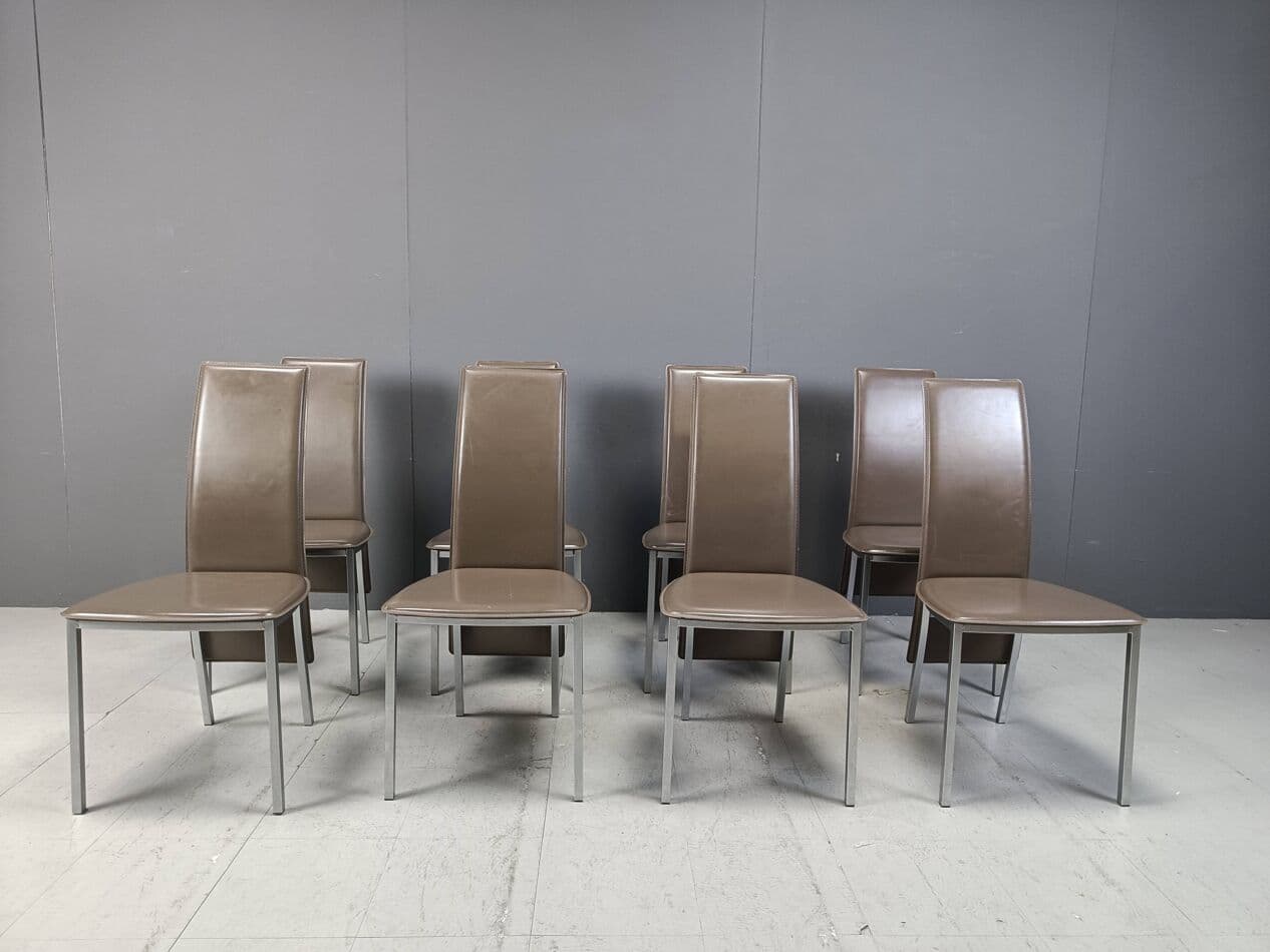 zestaw 8 krzeseł jadalnianych, skóra szara, Belgia, lata 80. - 269463