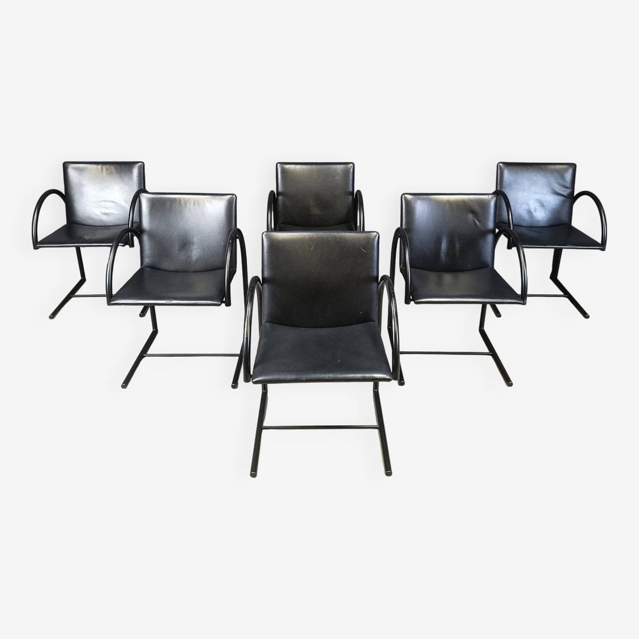 zestaw sześciu krzeseł Cirkel, metal czarny, ekoskóra czarna, proj. P. Mazairac, K. Boonzaaijer, Holandia, lata 80. - 269396