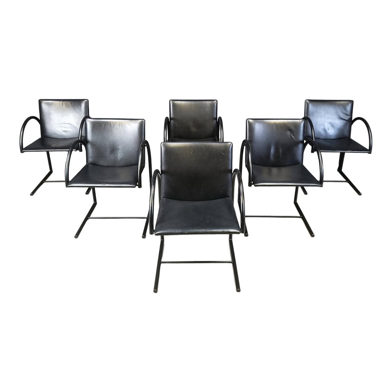 zestaw sześciu krzeseł Cirkel, metal czarny, ekoskóra czarna, proj. P. Mazairac, K. Boonzaaijer, Holandia, lata 80.