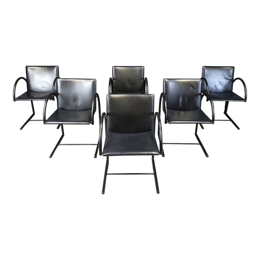 zestaw sześciu krzeseł Cirkel, metal czarny, ekoskóra czarna, proj. P. Mazairac, K. Boonzaaijer, Holandia, lata 80.