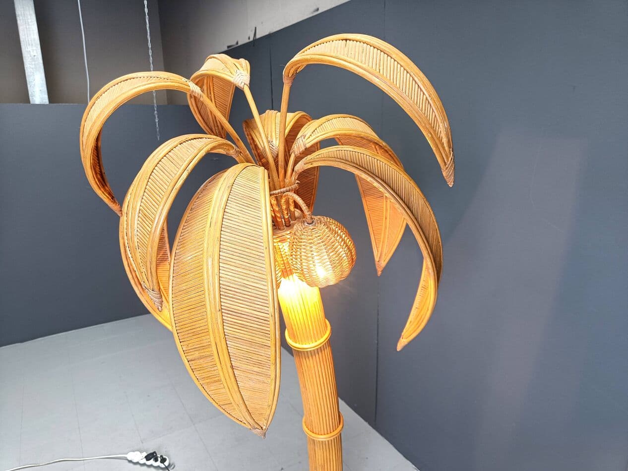 Lampa podłogowa Palma, złoty, rattan i wiklina, Francja, lata 70. - 269290