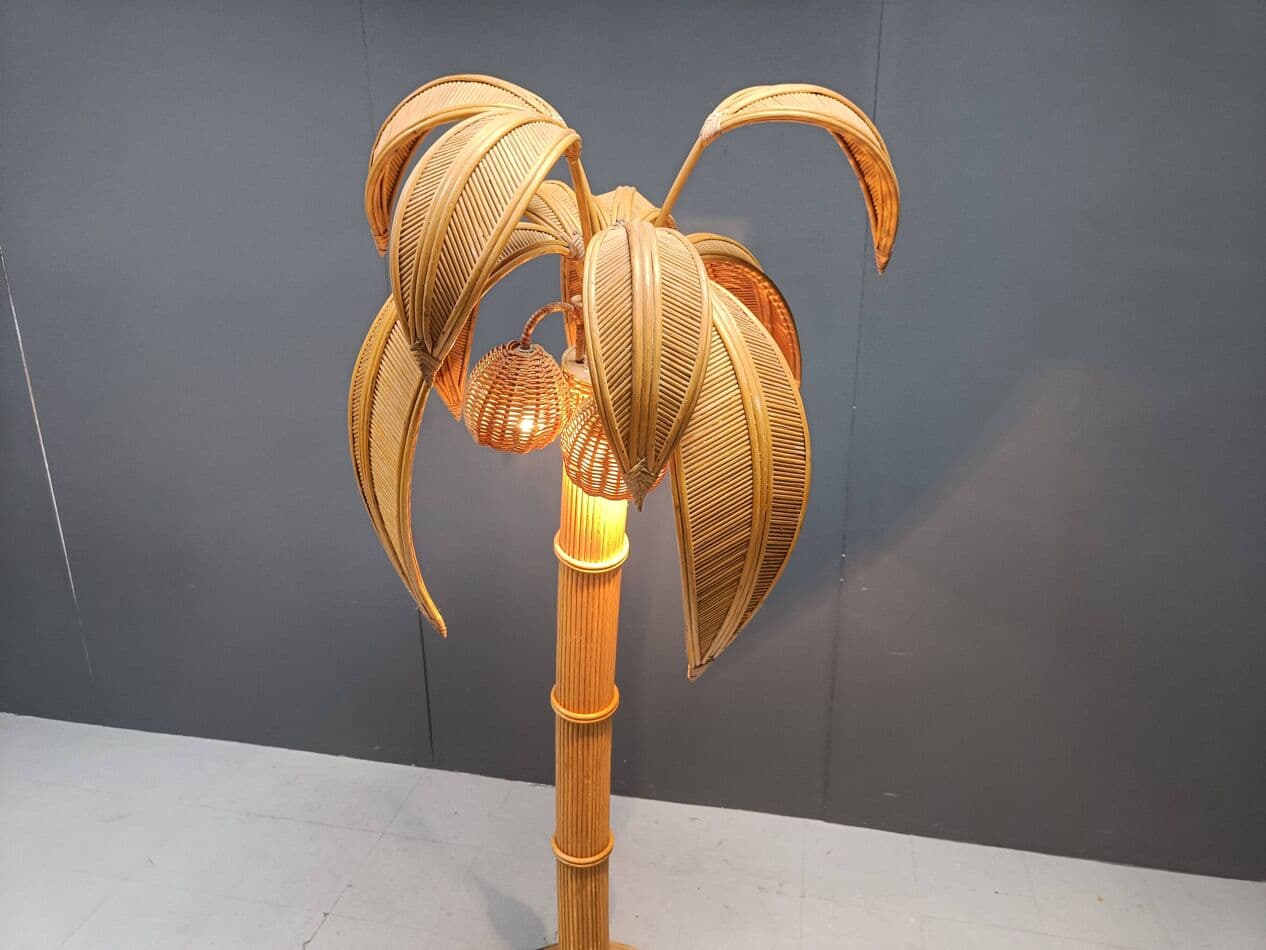 Lampa podłogowa Palma, złoty, rattan i wiklina, Francja, lata 70. - 269279