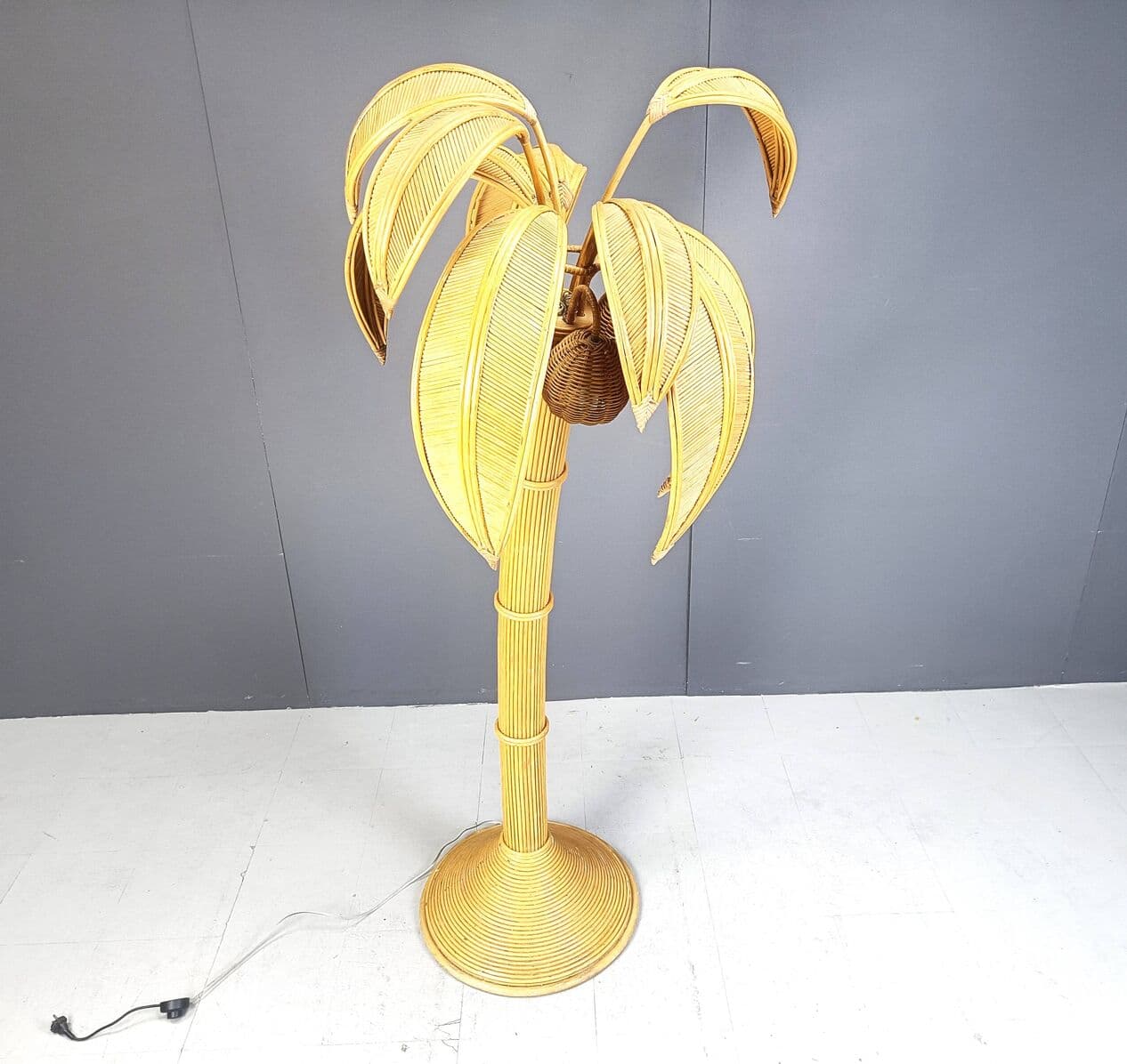 Lampa podłogowa Palma, złoty, rattan i wiklina, Francja, lata 70. - 269280