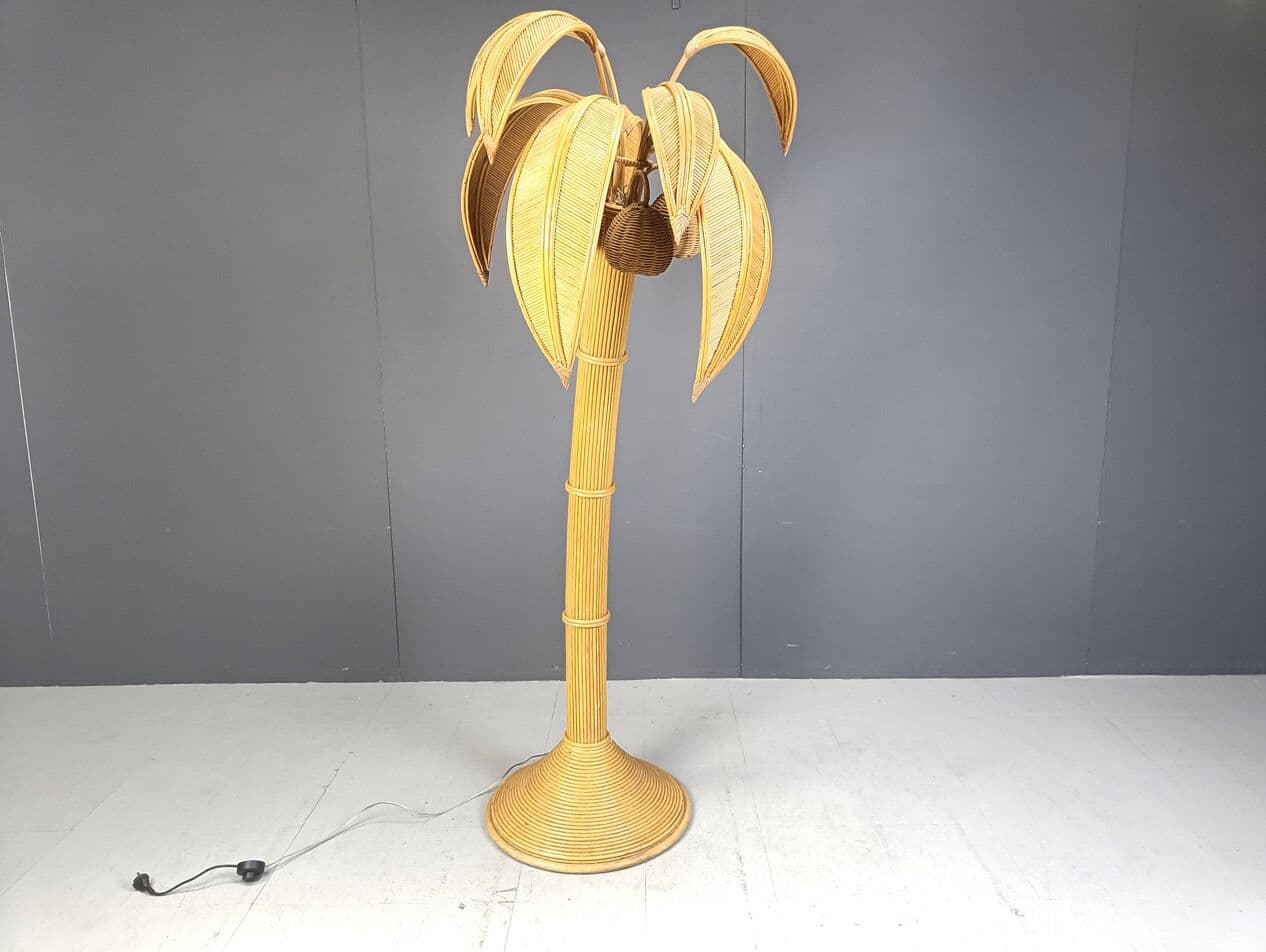 Lampa podłogowa Palma, złoty, rattan i wiklina, Francja, lata 70. - 269284