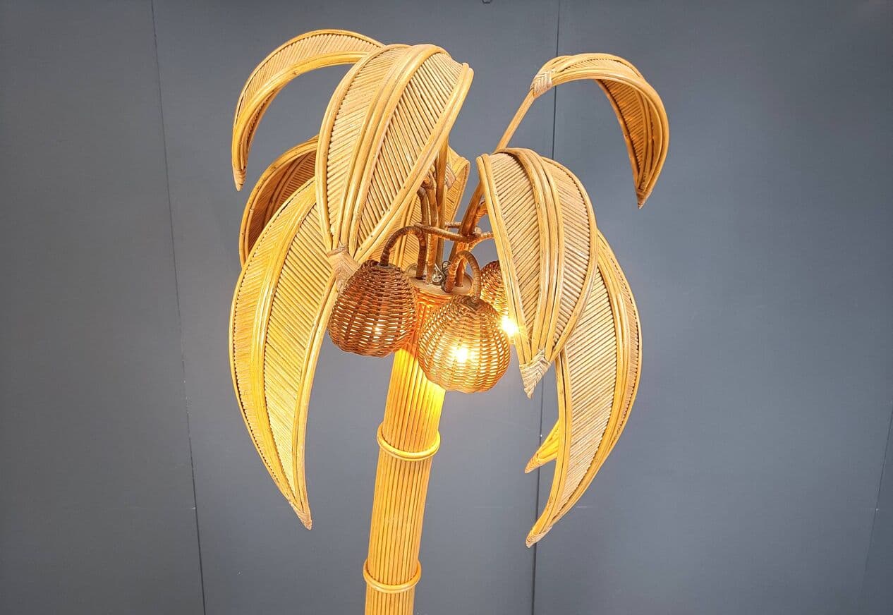 Lampa podłogowa Palma, złoty, rattan i wiklina, Francja, lata 70. - 269288