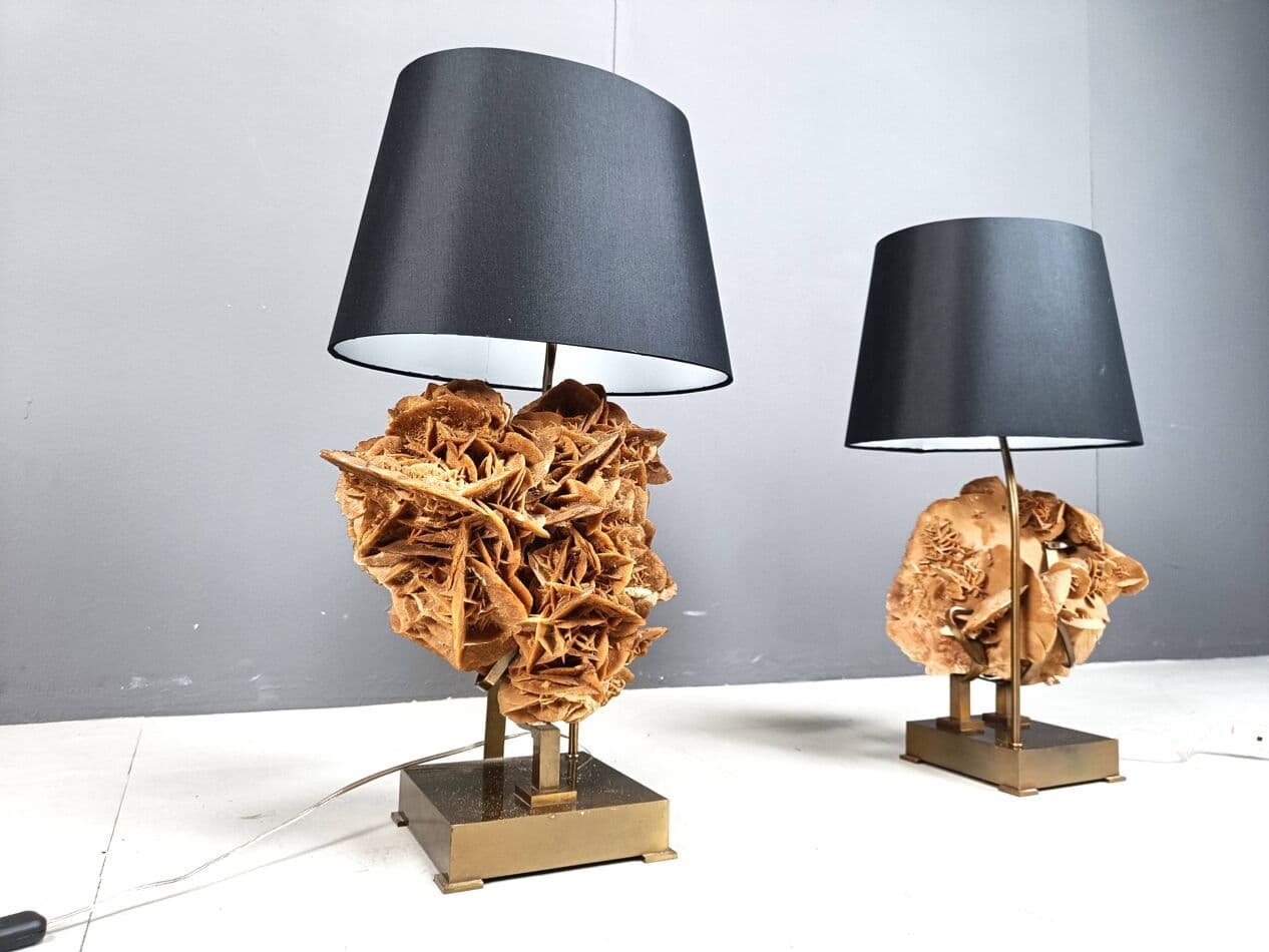 Para lamp stołowych, róża pustyni, mosiądz złoty, Belgia, lata 70. - 269236