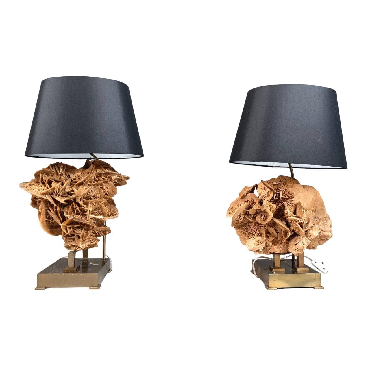 Para lamp stołowych, róża pustyni, mosiądz złoty, Belgia, lata 70.