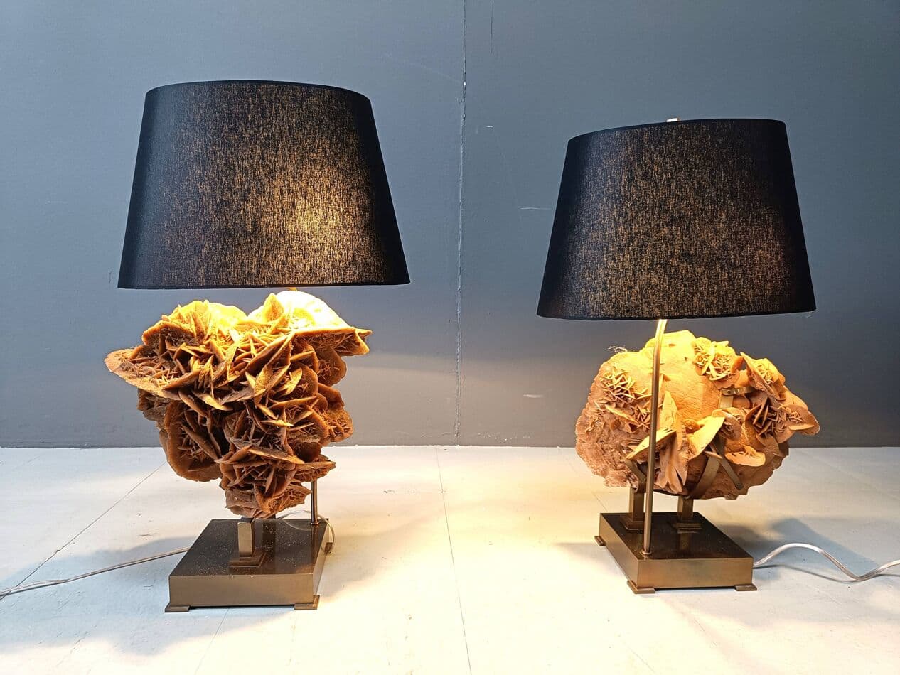 Para lamp stołowych, róża pustyni, mosiądz złoty, Belgia, lata 70. - 269240