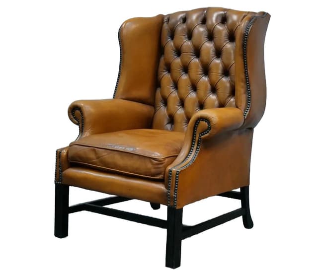 Fotel Chesterfield Wingback, skóra brązowa, drewno, Anglia, lata 50. - WYMIARY
