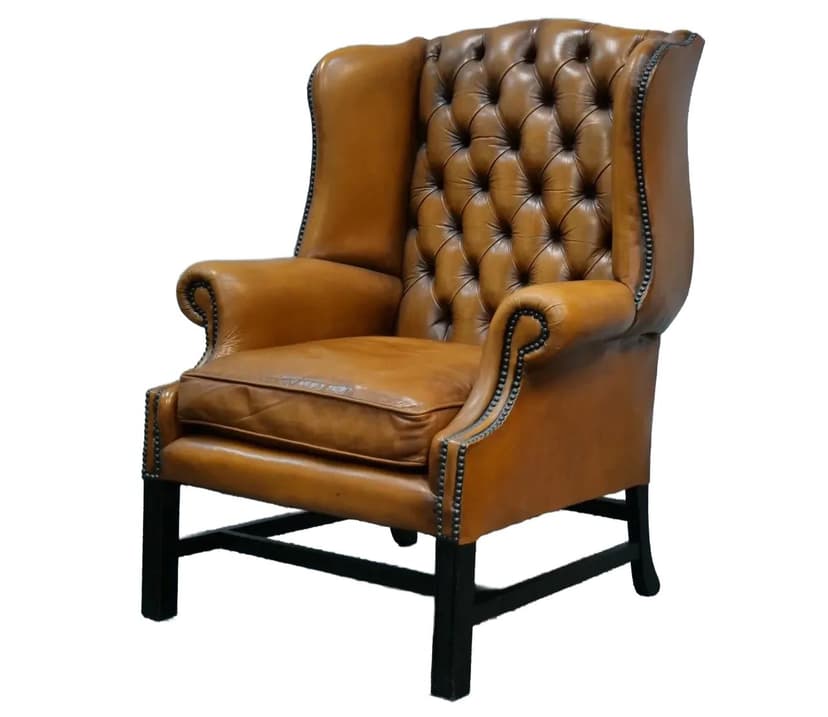 Fotel Chesterfield Wingback, skóra brązowa, drewno, Anglia, lata 50.