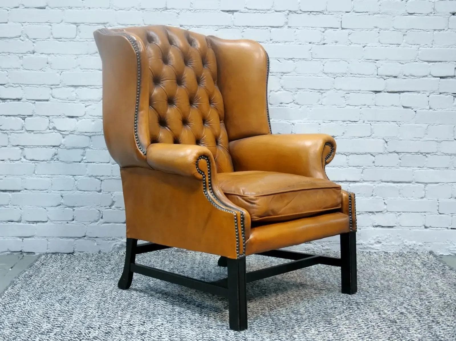 Fotel Chesterfield Wingback, skóra brązowa, drewno, Anglia, lata 50. - 19401
