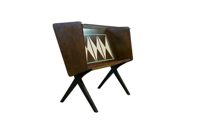Stolik boczny z gazetnikiem, Space Age, drewno brązowy, szkło, Polska, lata 60. - WYMIARY