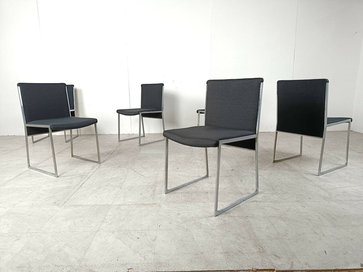 komplet sześciu krzeseł jadalnianych, czarna tkanina, chrom, Włochy, lata 70. - 268905