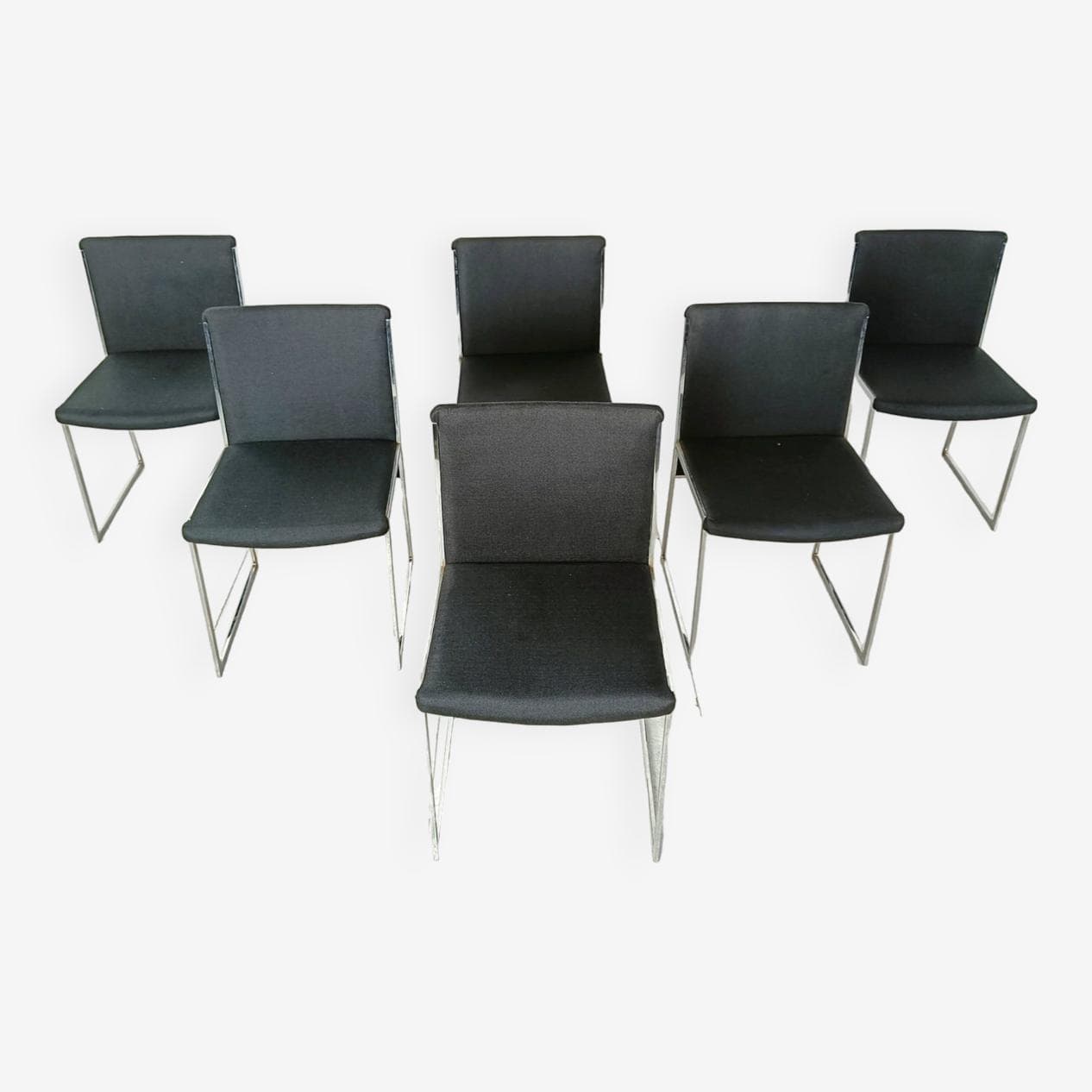 komplet sześciu krzeseł jadalnianych, czarna tkanina, chrom, Włochy, lata 70. - 268908