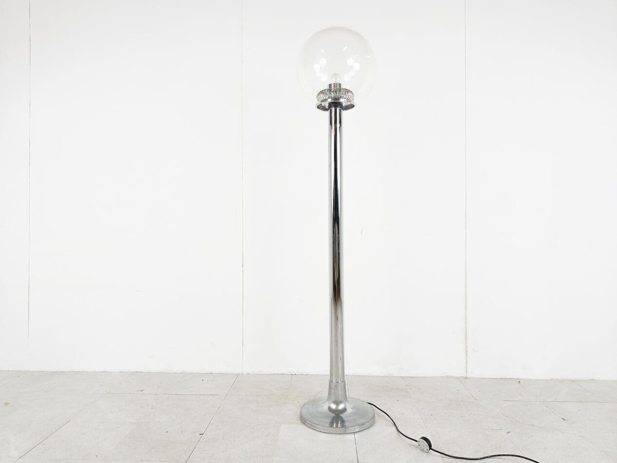 Lampa podłogowa, chrom srebrny, szkło transparentne, Włochy, lata 70. - 268648