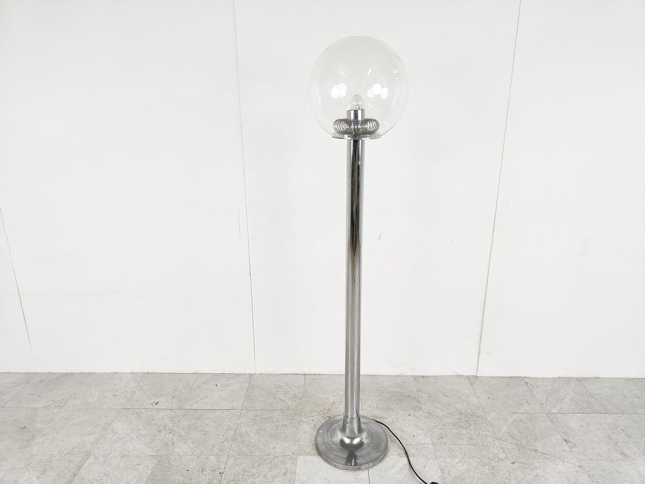 Lampa podłogowa, chrom srebrny, szkło transparentne, Włochy, lata 70. - 268645