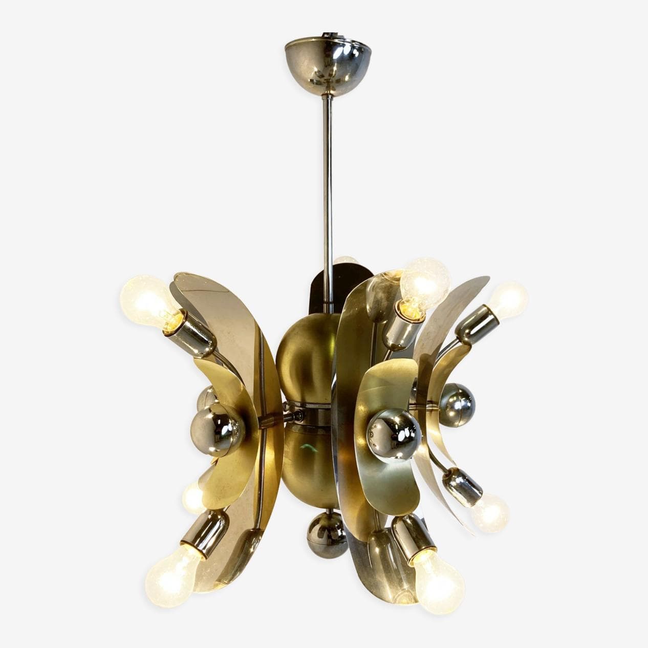 Żyrandol Space Age, mosiądz złoty, chrom srebrny, Włochy, lata 70. - 268579