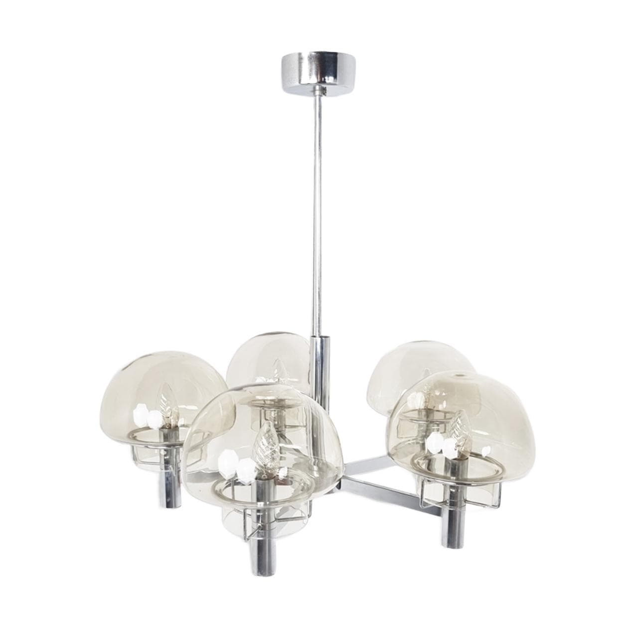 Żyrandol, szkło dymione, chrom srebrny, Włochy, lata 70.