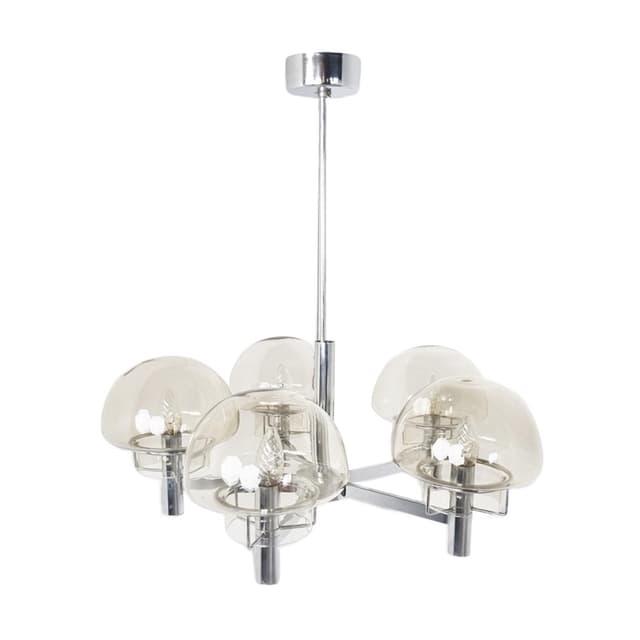 Żyrandol, szkło dymione, chrom srebrny, Włochy, lata 70. - WYMIARY