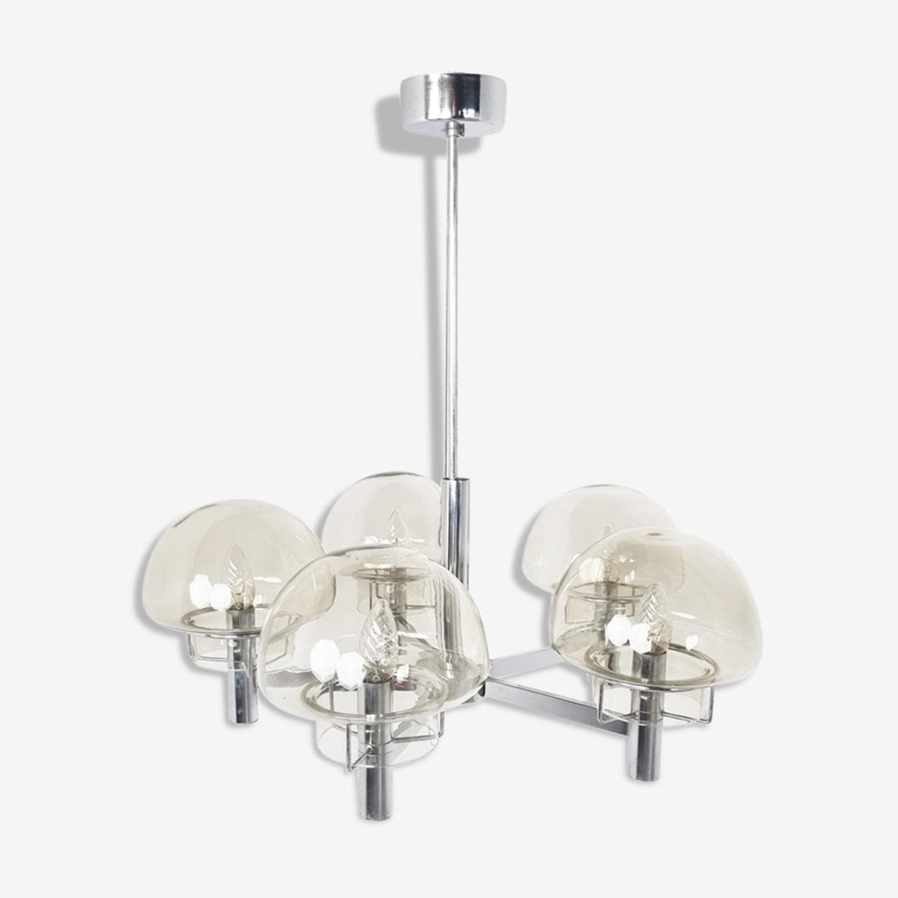 Żyrandol, szkło dymione, chrom srebrny, Włochy, lata 70. - 268438