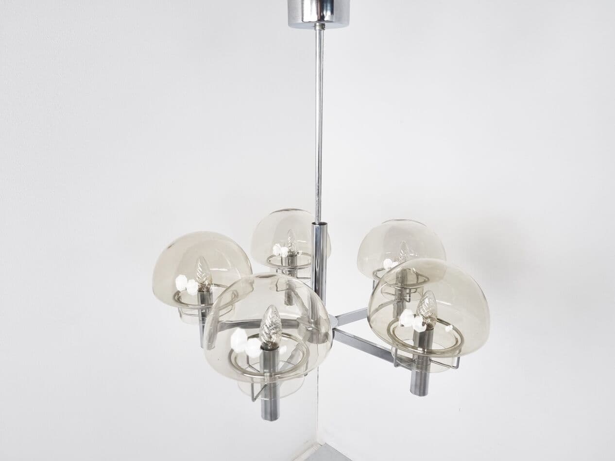 Żyrandol, szkło dymione, chrom srebrny, Włochy, lata 70. - 268431