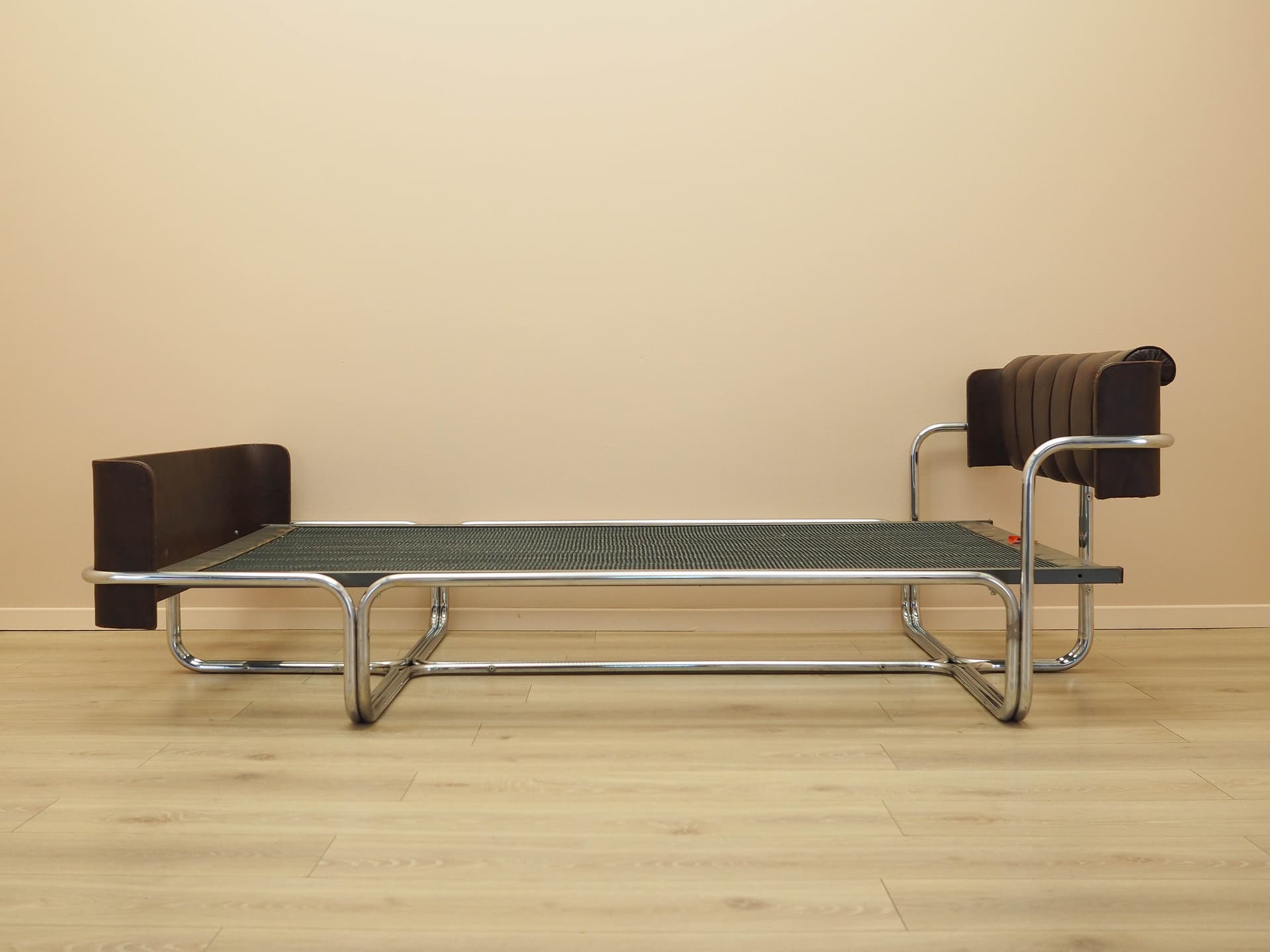 Bed, brown genuine leather, chrome, stainless steel, Italy, 1980s. - 261933