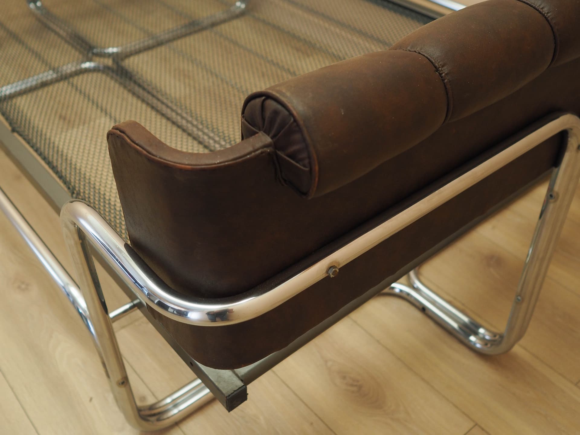 Bed, brown genuine leather, chrome, stainless steel, Italy, 1980s. - 261936