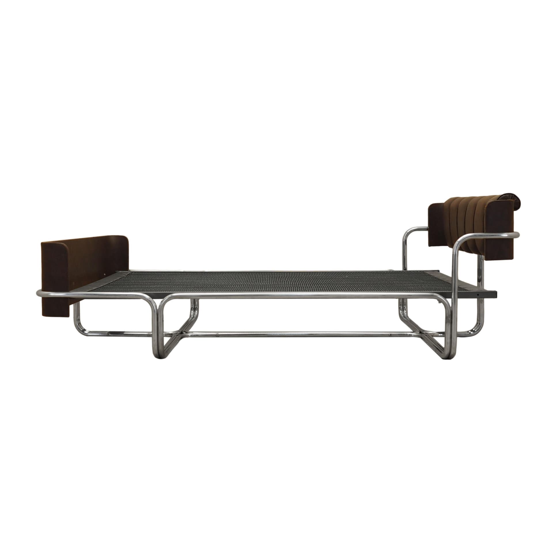 Bed, brown genuine leather, chrome, stainless steel, Italy, 1980s.