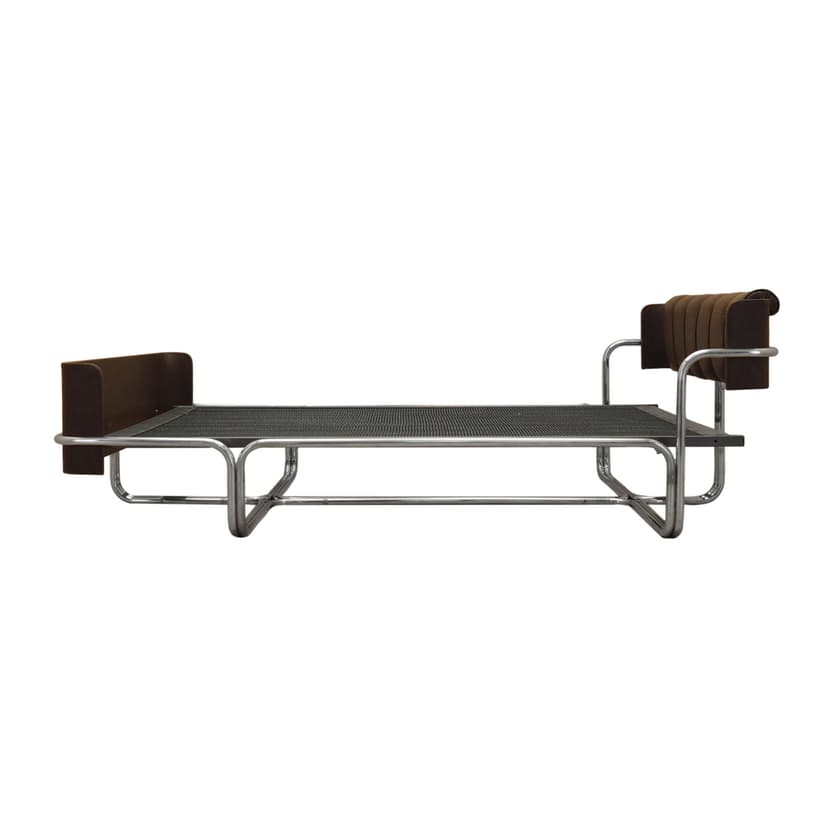 Łóżko, brązowa skóra naturalna, chrom, stal nierdzewna, Włochy, lata 80.