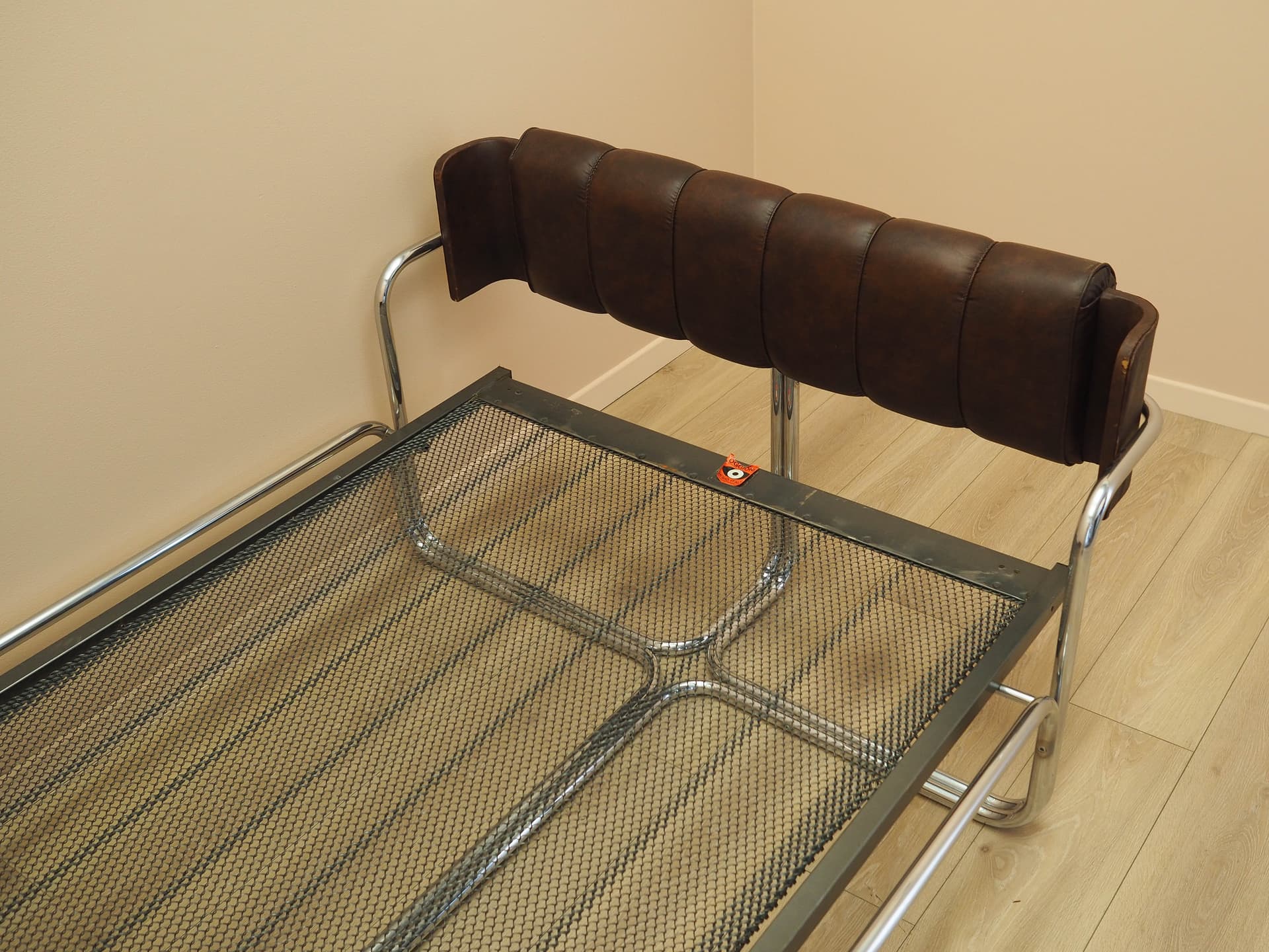 Bed, brown genuine leather, chrome, stainless steel, Italy, 1980s. - 261934