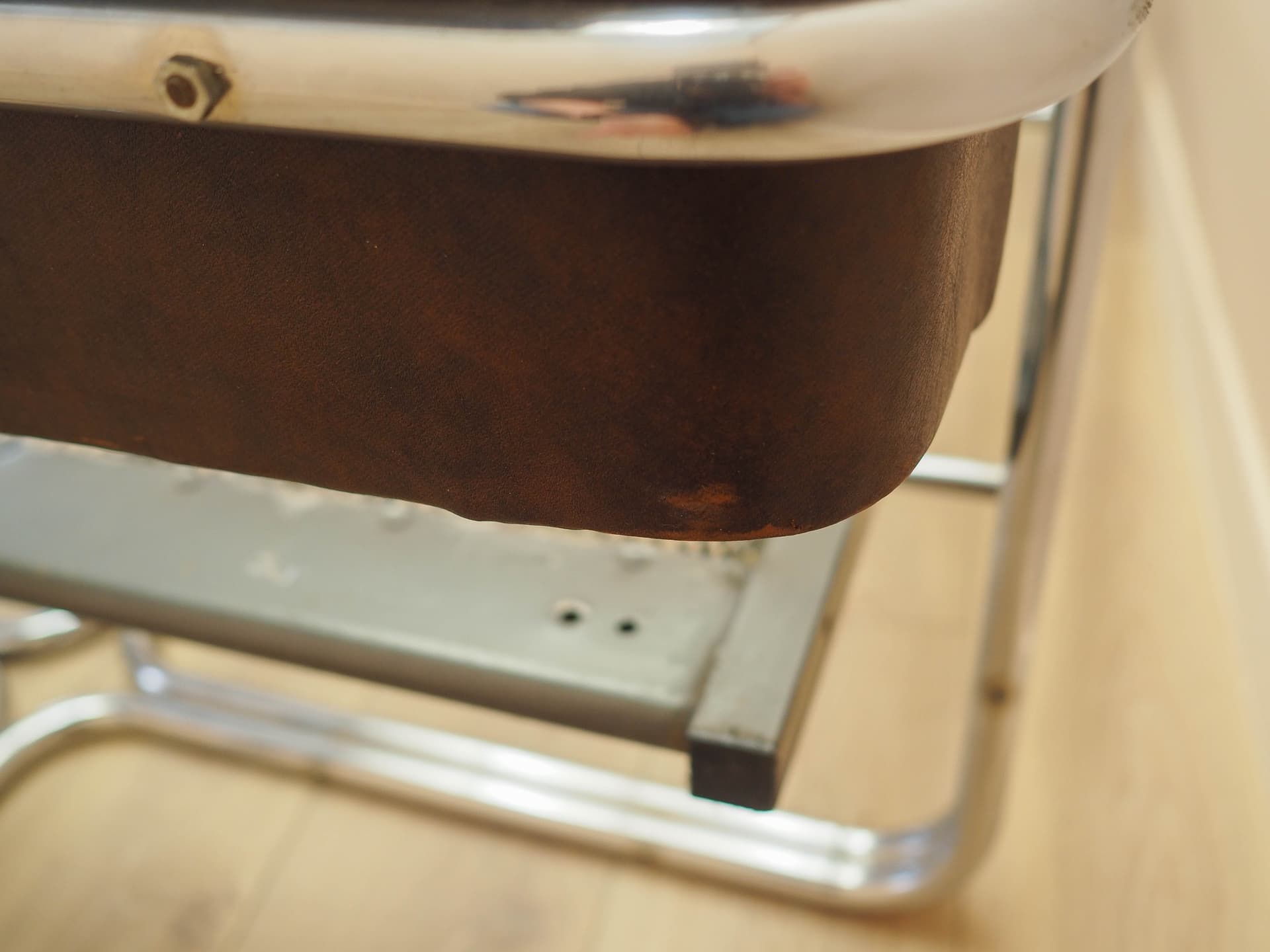 Bed, brown genuine leather, chrome, stainless steel, Italy, 1980s. - 261938