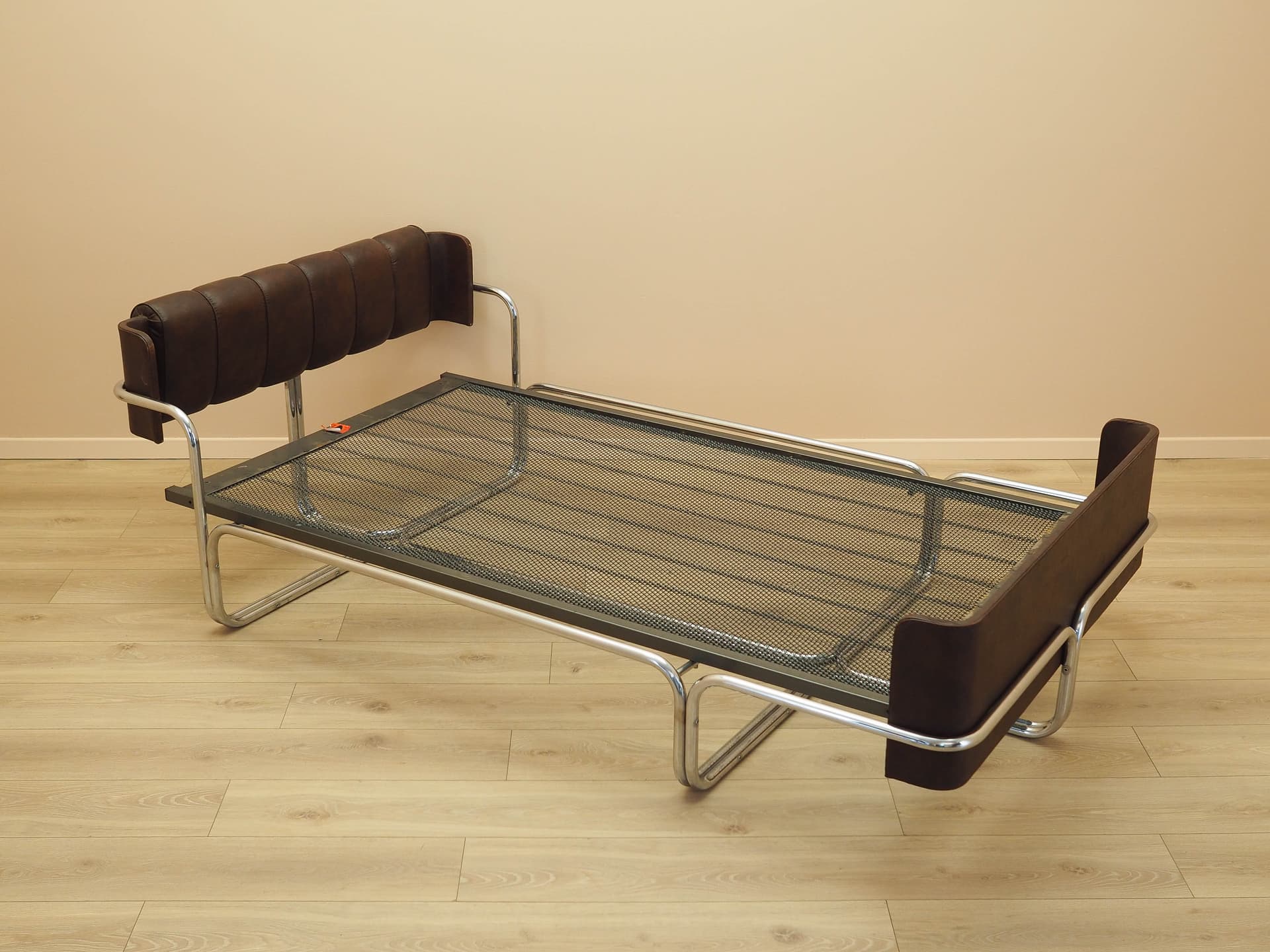 Bed, brown genuine leather, chrome, stainless steel, Italy, 1980s. - 261930