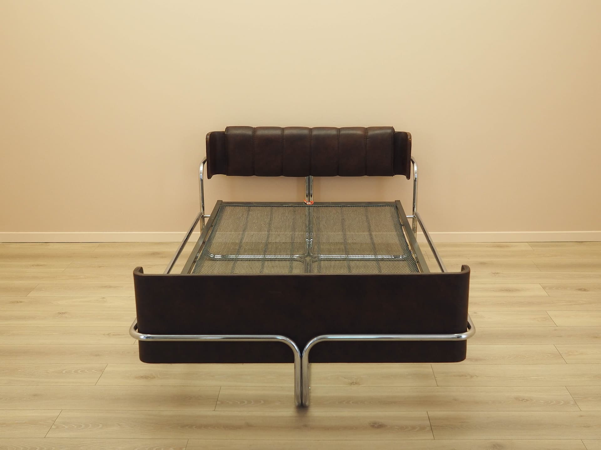 Bed, brown genuine leather, chrome, stainless steel, Italy, 1980s. - 261931