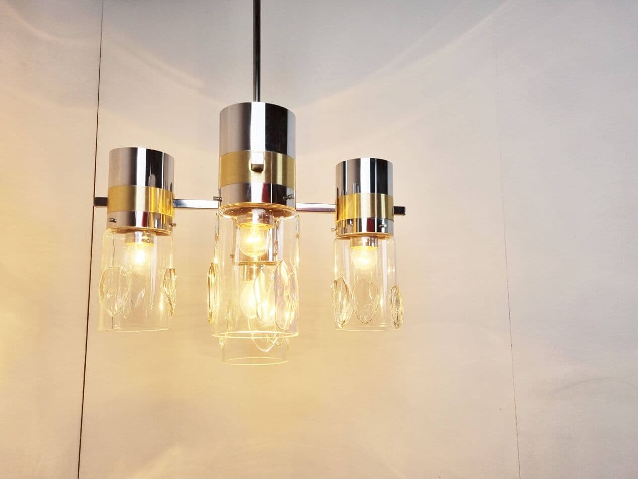 Żyrandol, srebrny chrom, mosiądz, szkło, Włochy, lata 70. - 267860