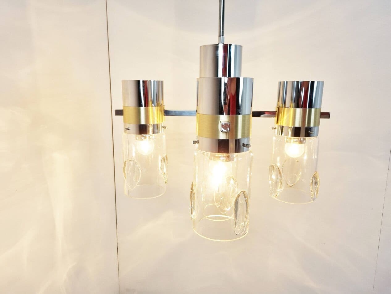 Żyrandol, srebrny chrom, mosiądz, szkło, Włochy, lata 70. - 267859