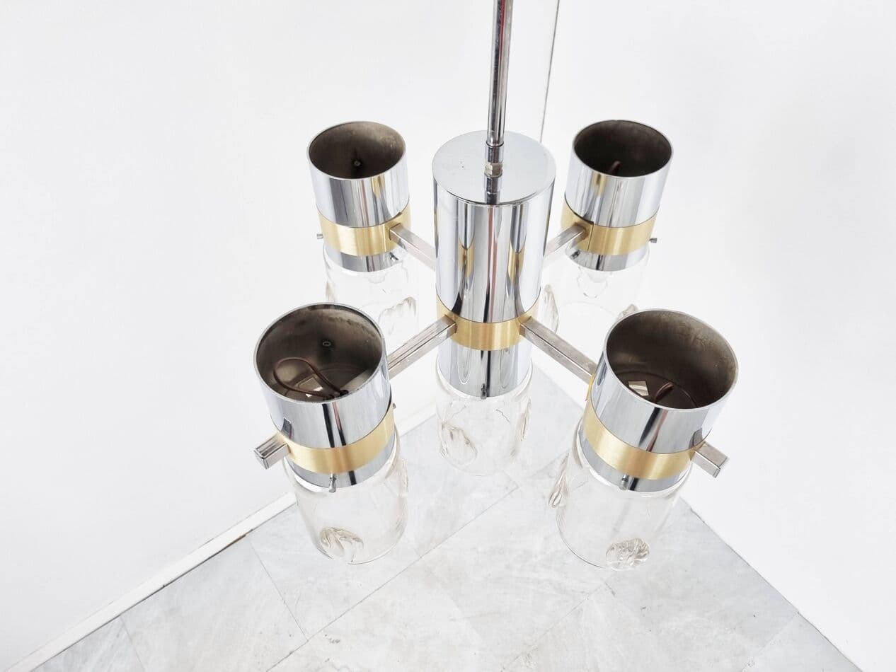 Żyrandol, srebrny chrom, mosiądz, szkło, Włochy, lata 70. - 267856