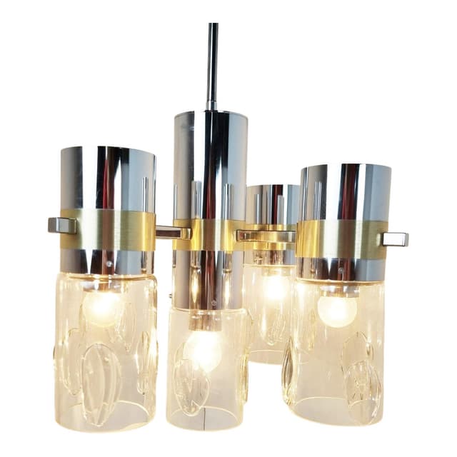 Żyrandol, srebrny chrom, mosiądz, szkło, Włochy, lata 70. - WYMIARY