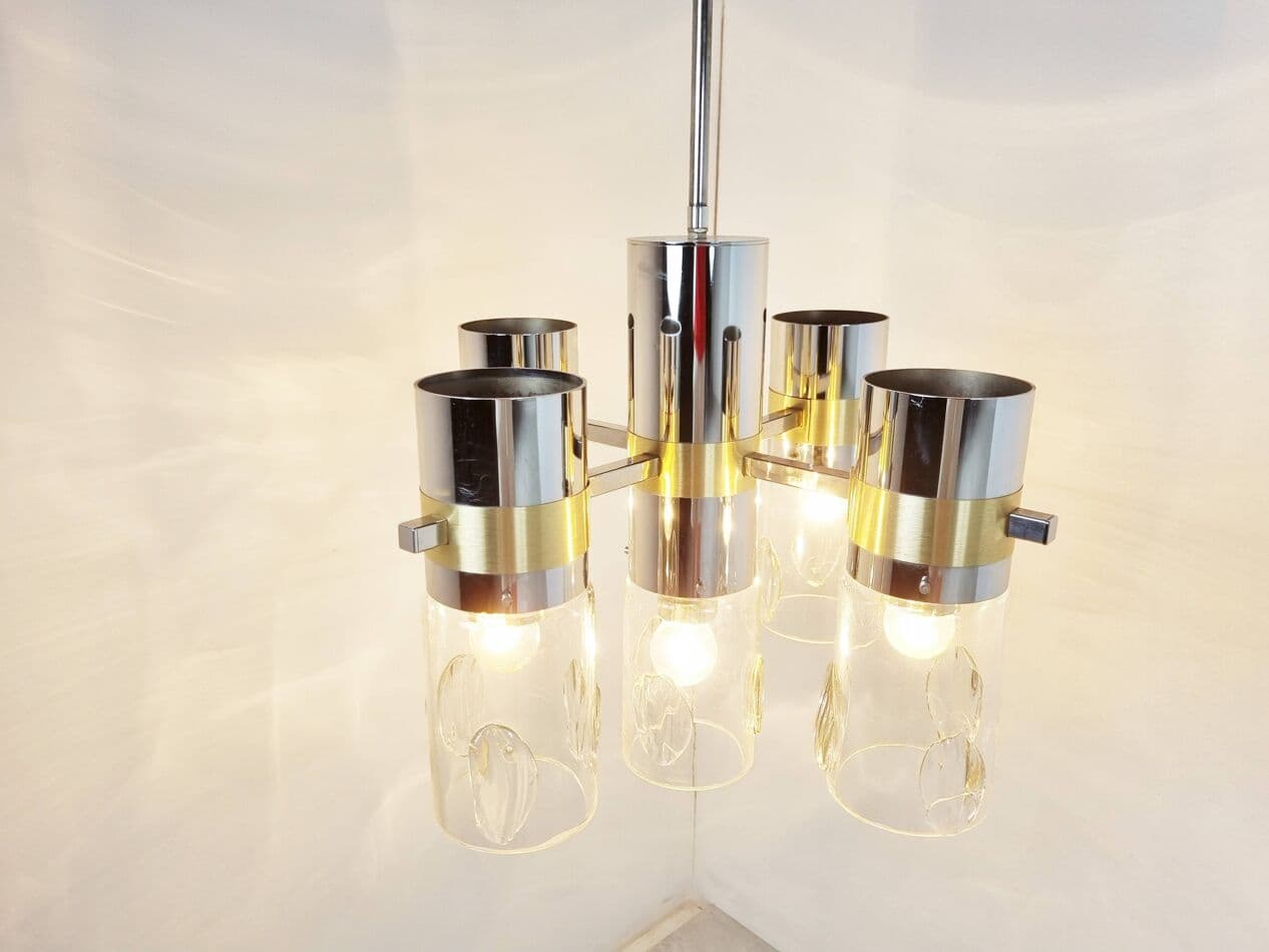 Żyrandol, srebrny chrom, mosiądz, szkło, Włochy, lata 70. - 267858